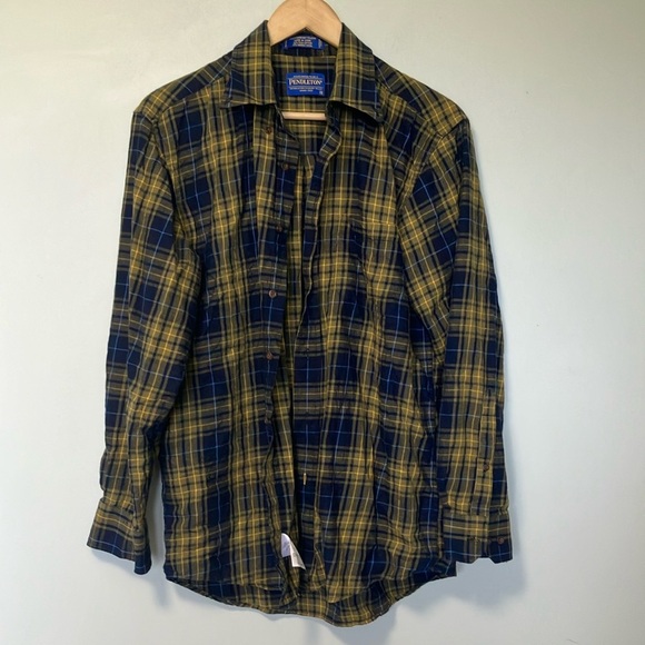 Pendleton Men's Navy and Mustard Plaid Shirt - Picture 1 of 6